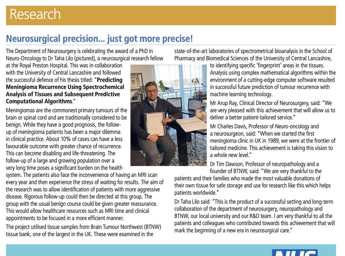drtahalilo1's tweet photo. Few years back I asked the question; why some benign #meningioma recur? Through breakthrough #research and collaboration with scientists @UCLan not only I was awarded a PhD, but also laid the ground for future scientific work in Neuro-Oncology. 
@LancsResearch #whywedoresearch https://t.co/l6m6kusS5b
