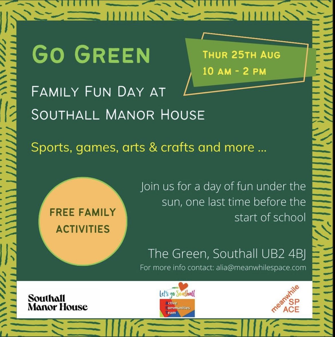 Attn #NorwoodGreen &amp; #Southall residents
If your looking for an event to attend with the kids Why not check out <a href="/GoSouthall/">Let's Go Southall</a> #GoGreen #FamilyFunDay at #SouthallManorHouse 
It’s FREE
#sports #arts &amp; #crafts &amp; more from 10-2pm

#Fun #Art #Craft #familytime

visitsouthall.co.uk/Events/EventsD…