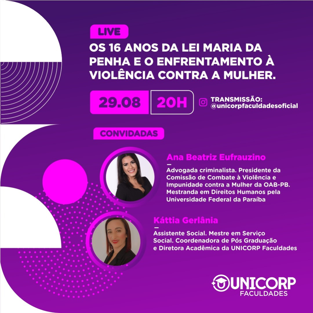 UnicorpF's tweet photo. 🚨 LIVE:🔔29.08 - 20:00 hrs  

Os 16 anos da lei maria da penha e o enfrenta... https://t.co/ZoKHp8Q8UQ https://t.co/MItbWqltjE