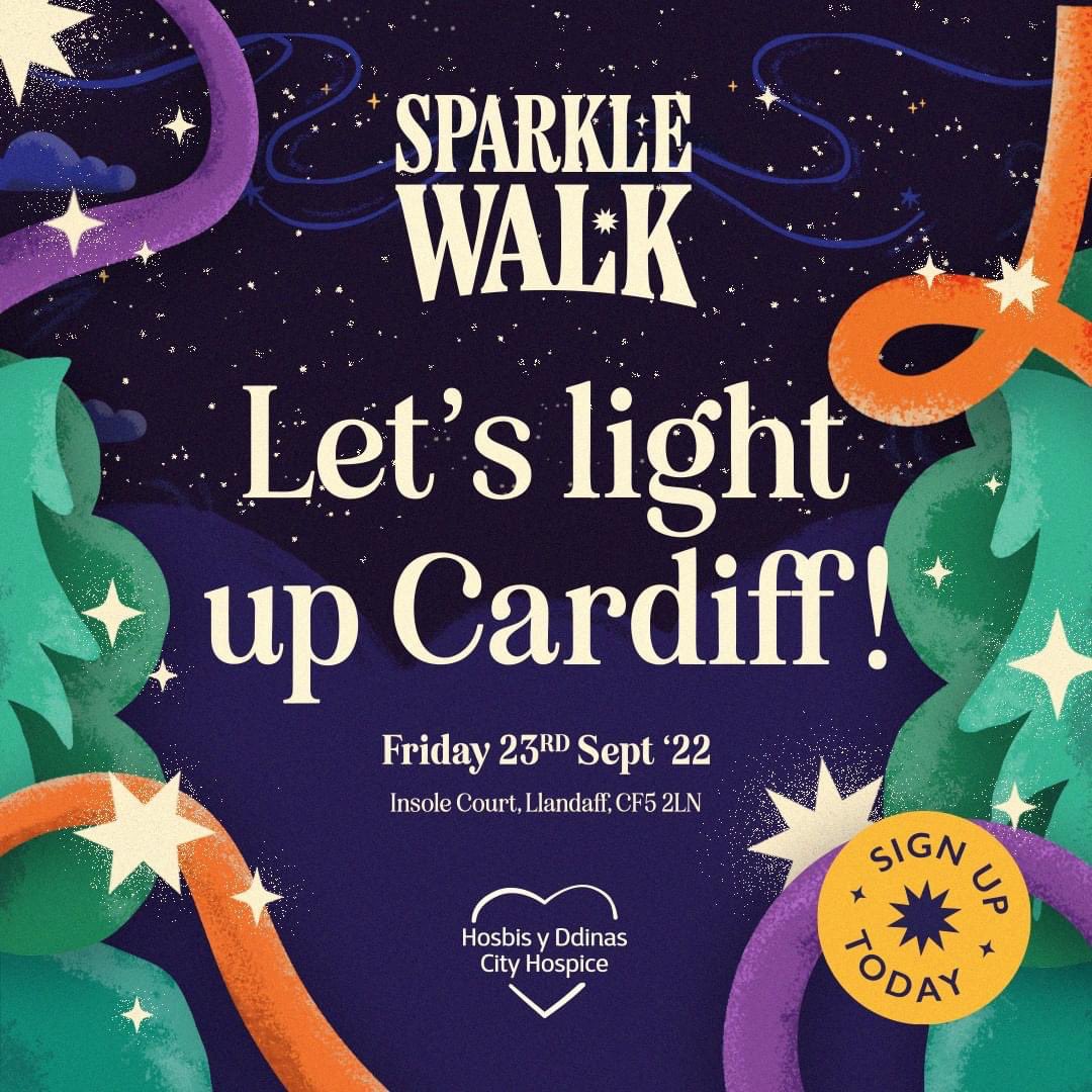 CityHospice's tweet photo. ✨Are you ready to make Cardiff sparkle?✨ 

Our #SparkleWalk2022 is back next month, take part in a 10km night time memory walk &amp; help us raise vital funds for patients with life limiting illnesses and their families 💜 Register now https://t.co/bqAejJnzVs https://t.co/i65LYjmjkP