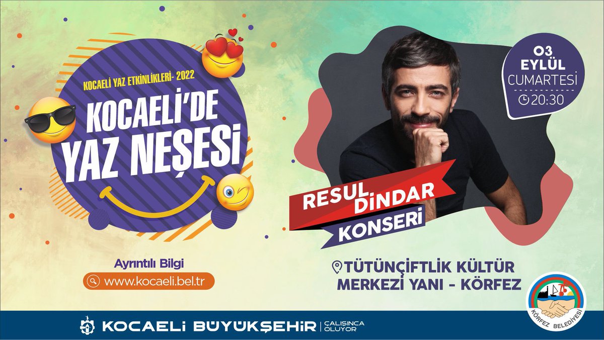 senersogut's tweet image. #Kocaeli'de Yaz Neşesi 3 Eylül'de Körfez ile devam ediyor 🎊
Ünlü sanatçı #ResulDindar #Körfez'e geliyor.🎶
@resuldindar
@kocaelibld
🗓: 3 Eylül Cumartesi 
⏰: 20.30
📍:Tütünçiftlik Kültür Merkezi Yanı