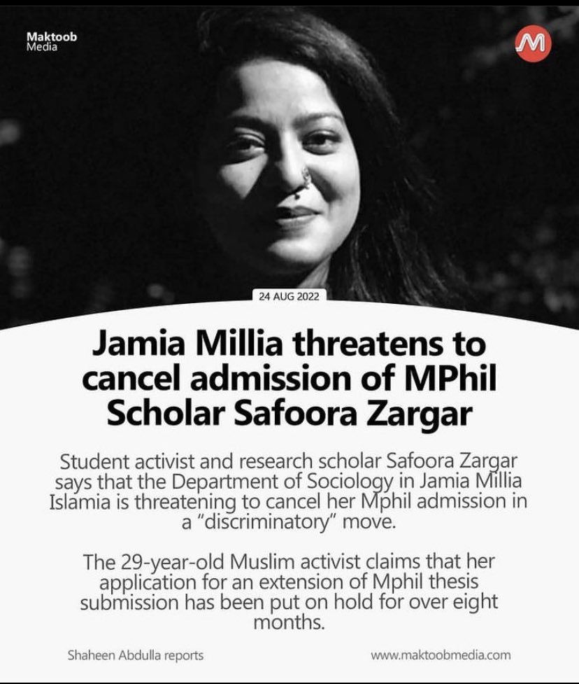 SafooraZargar's tweet photo. Since December 2021, I have been made to run from pillar to post for extensions that are easily given to other scholars in the university. I have faced severe abuse at the + https://t.co/q9zhaCCXFP