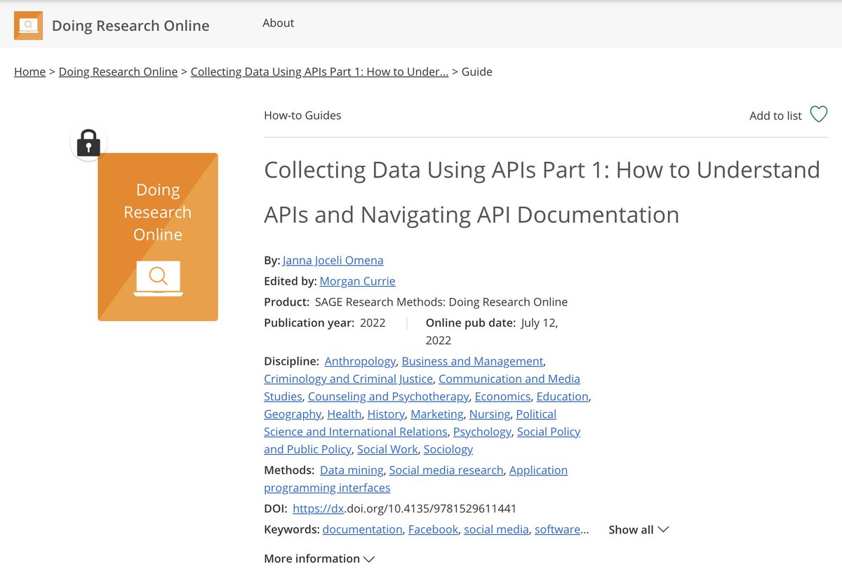 JannaJoceli's tweet photo. New publications on @SAGE_Methods and part of the how-to-guide entries of "SAGE Research Methods: Doing Research Online". #APIs #memecollections #MethodsCases
Collecting Data Using APIs Part 1: How to Understand APIs and Navigating API Documentation
https://t.co/HXL88ot41A https://t.co/tnBvUTqr0v