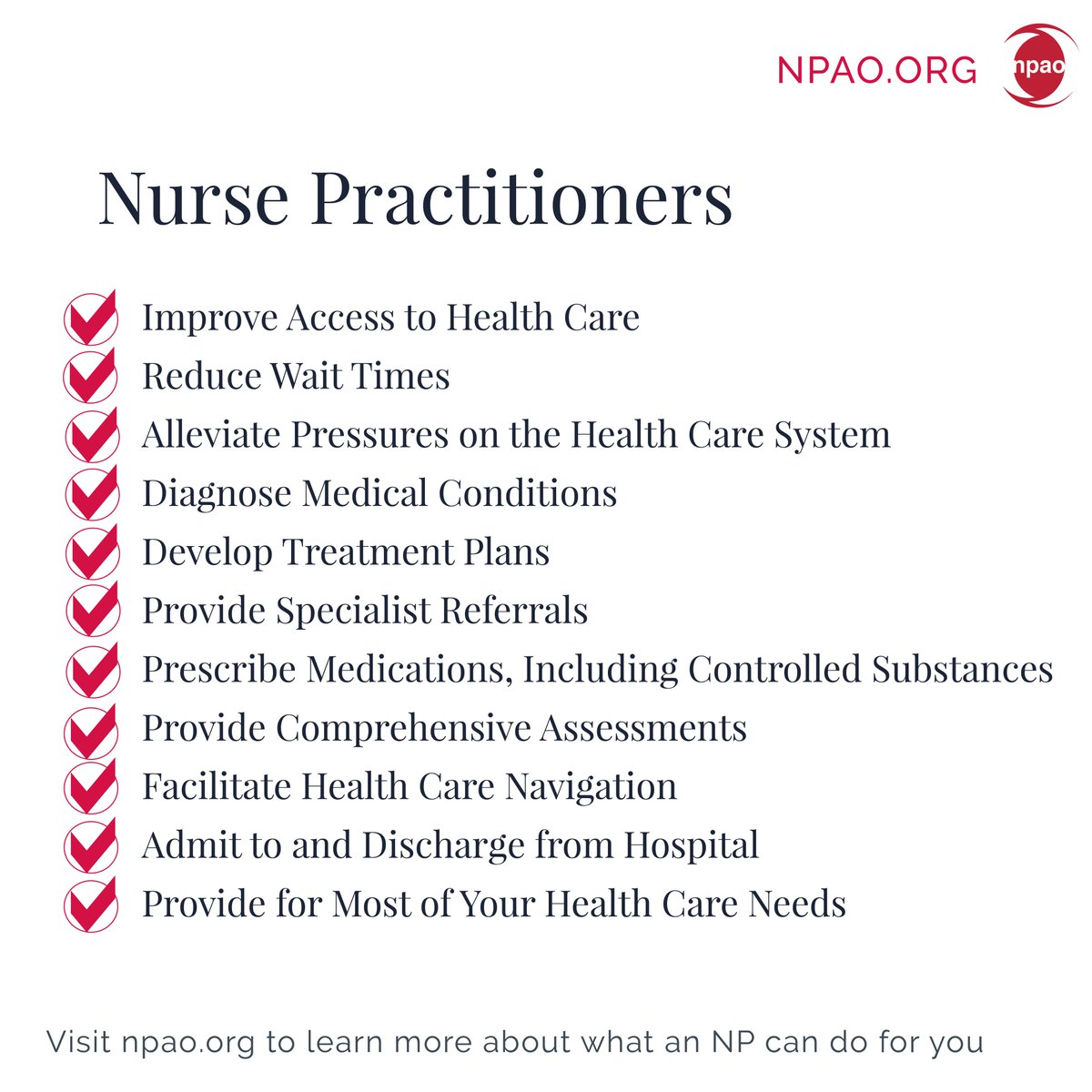 NPAOntario's tweet photo. Nurse Practitioners - yes... we do that!
#DYK #Nurse Practitioners (#NPs) can 

Visit https://t.co/sbWcLhjWbm to learn more 

#NPAO #OnPoli #NurseTwitter #NursePractitioner #Ontario #OntarioHealth #NPsCan #NPsLead https://t.co/eRUOJoRKw8