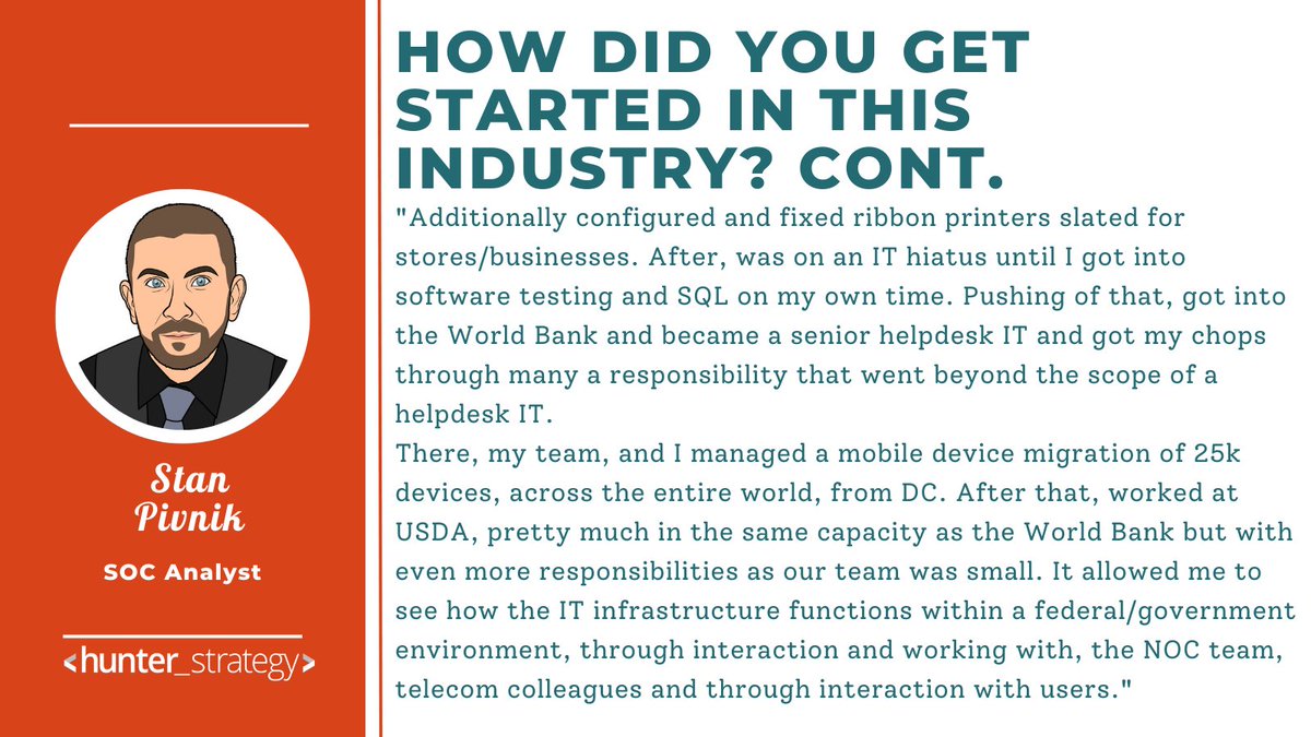 HunterStrategy's tweet photo. Highlighting another rock star Hunter Strategy team member!! Meet Stan, a SOC Analyst for Hunter!
Please read his story below!🧡
#employeespotlight #hunterstrategy https://t.co/tjKoeeaLEr