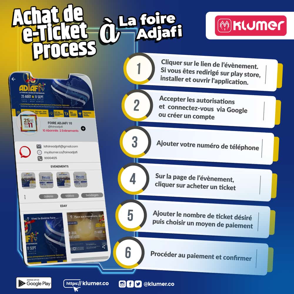 klumer_co's tweet photo. La 10ème ÉDITION de la FOIRE ADJAFI qui se déroule du 25 août au 11 septembre vous offre des tickets gratuits via  Klumer.
Rendez-vous vite sur l'application pour en bénéficier.👇🏿 https://t.co/3H4Gs88lSP

#klumer #lafoireAdjafi #TgTwittos #Eodsc https://t.co/GMCJ9gaR7w