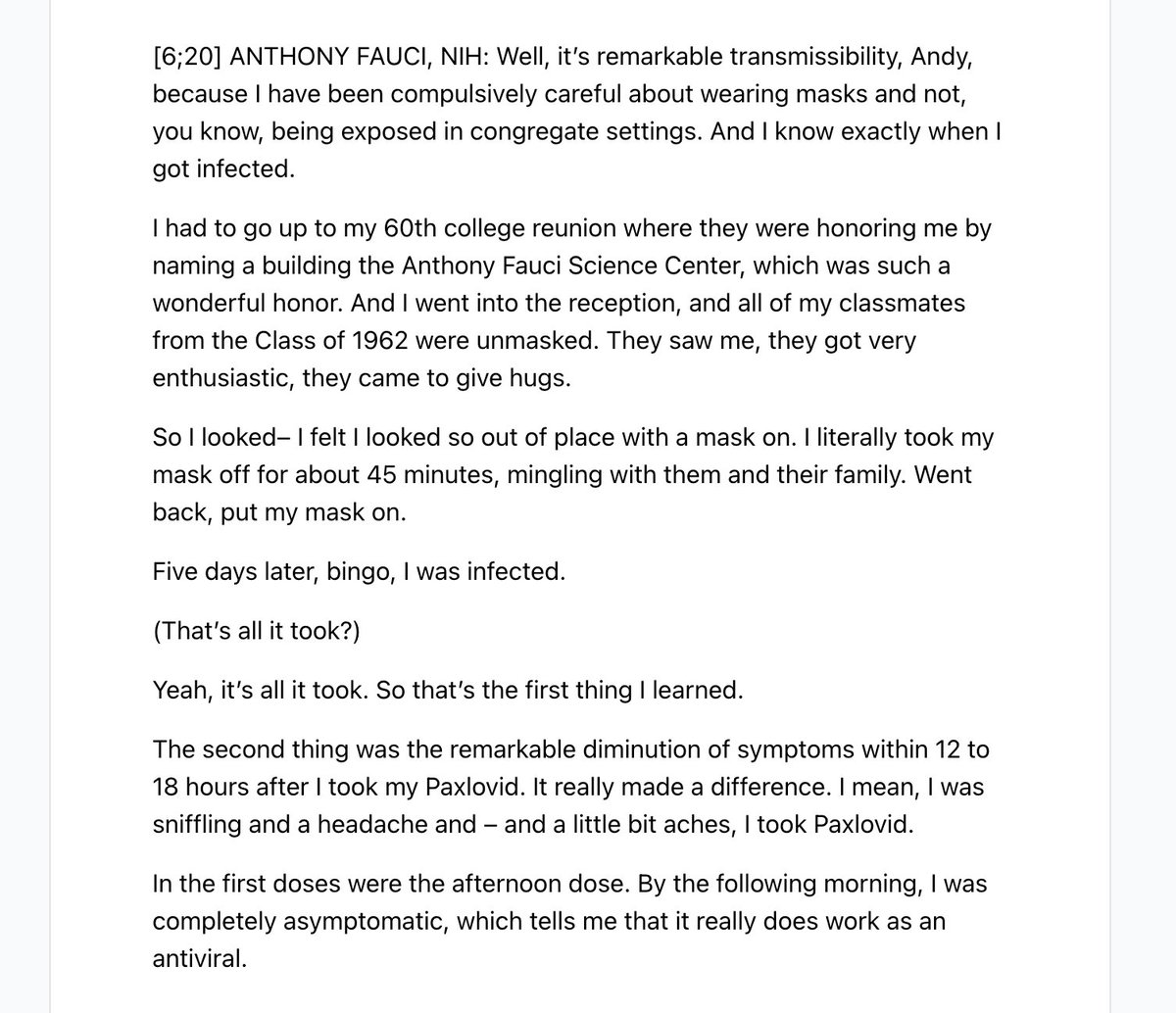 Alexander_Tin's tweet photo. In interview with @ASlavitt, Dr. Anthony Fauci said he caught COVID-19 after letting down guard at college reunion:
"I felt I looked so out of place with a mask on. I literally took my mask off for about 45 minutes, mingling with them and their family"
https://t.co/iJdOy8TxPU https://t.co/ux8CiyZKpn