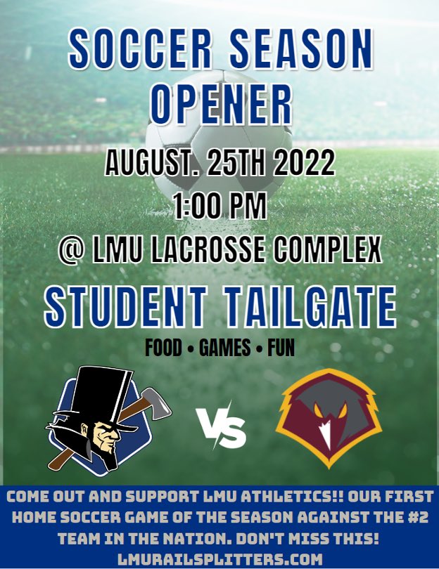 lmumsoccer's tweet photo. 1 more sleep…

Your LMU Men’s Soccer team will battle it out vs the #2 team in the nation in the season opener!!!

Come out and support the boys!

🎩🪓⚽️
#SharpenYourAxe #SplitterSoccer https://t.co/LggmCAlYd5