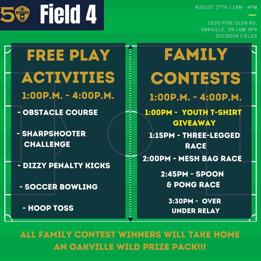 Oakville_Soccer's tweet photo. Come celebrate OSC's 50th anniversary this Saturday, August 27th!

Join us on Field 4 between 1:00 and 4:00pm to participate as we have lots of fun Individual and Family contests. Be sure to come ready to play 💪

Free entry - Everyone is welcome!

#OSC #GoOakvilleWild https://t.co/aGLOrWiho3