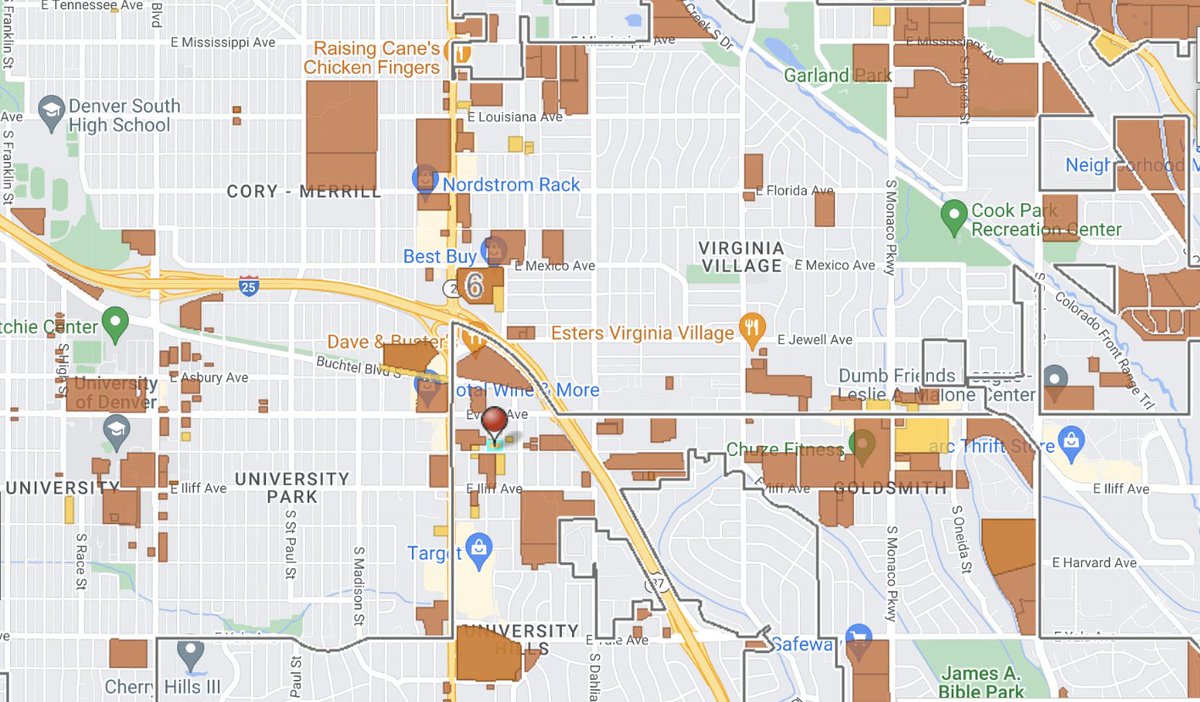 BuildUpDenver's tweet photo. #TOD at the corner of Ash St and Warren Ave, #Denver 80222 - 4 townhome buildings replace 5 SU homes w/n a 4-minute walk of the Colorado LR. 25 units, 25 parking spots. 66 bedrooms total #BuildupDenver https://t.co/ngorj56PcG