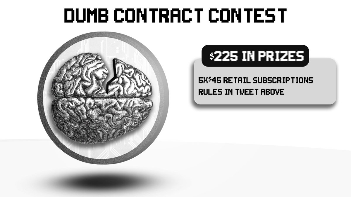 DefiSafety's tweet image. The existence of smart contracts implies dumb contracts also exist. We want to hear your ideas for the dumbest contract possible, the funnier the utility, the better. Submit your idea for a chance to win 1 of 5 retail subscription. Rules below 👇
