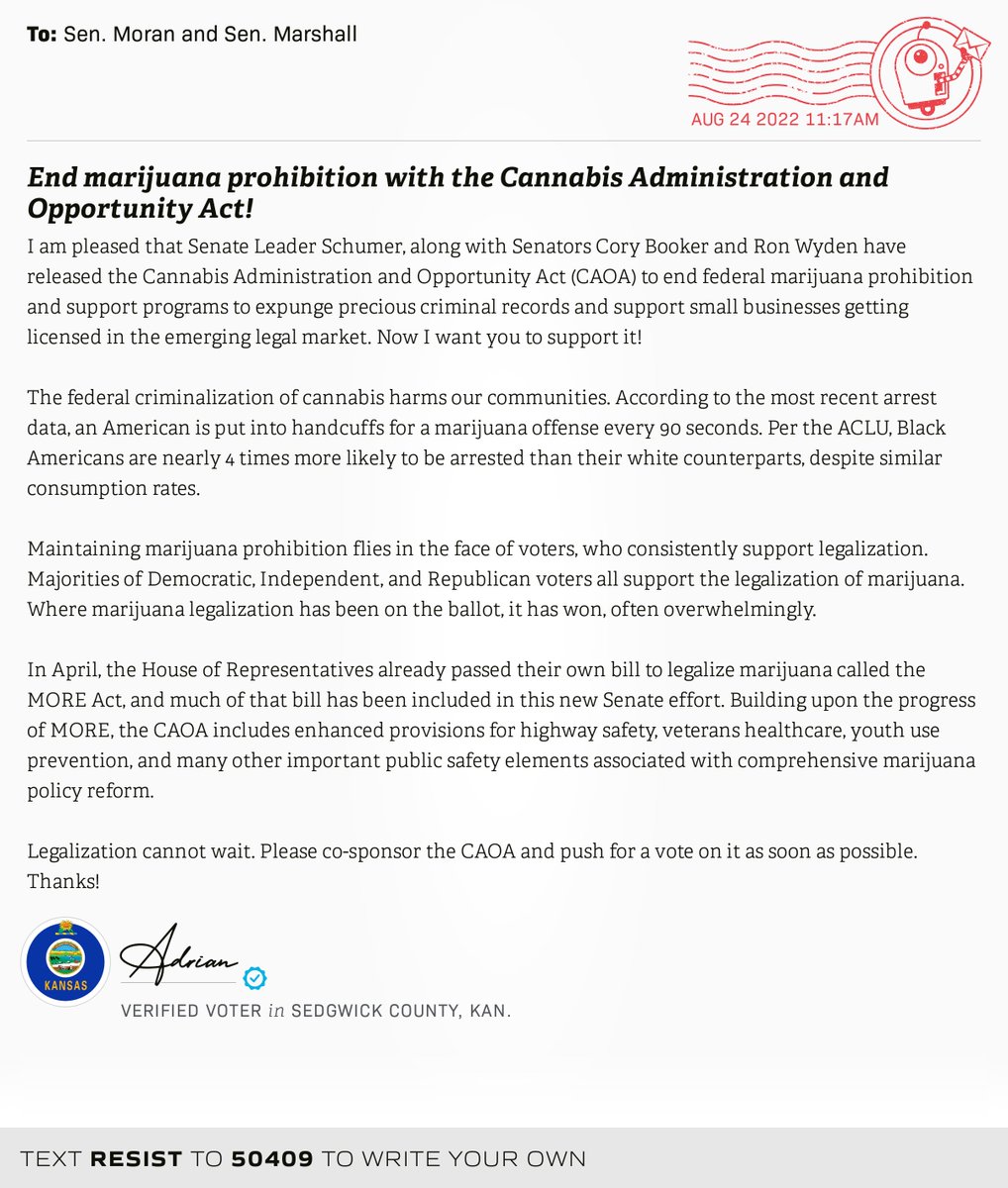openletterbot's tweet photo. ๐ฌ I delivered โEnd marijuana prohibition with the Cannabis Administration and Opportunity Act!โ from @adrianlwaller to @JerryMoran and @SenatorMarshall #KS04 #KSpolitics #KSpol #KSpoli
๐ Write your own: https://t.co/z5540KFSKD https://t.co/AAYu4QIeiT