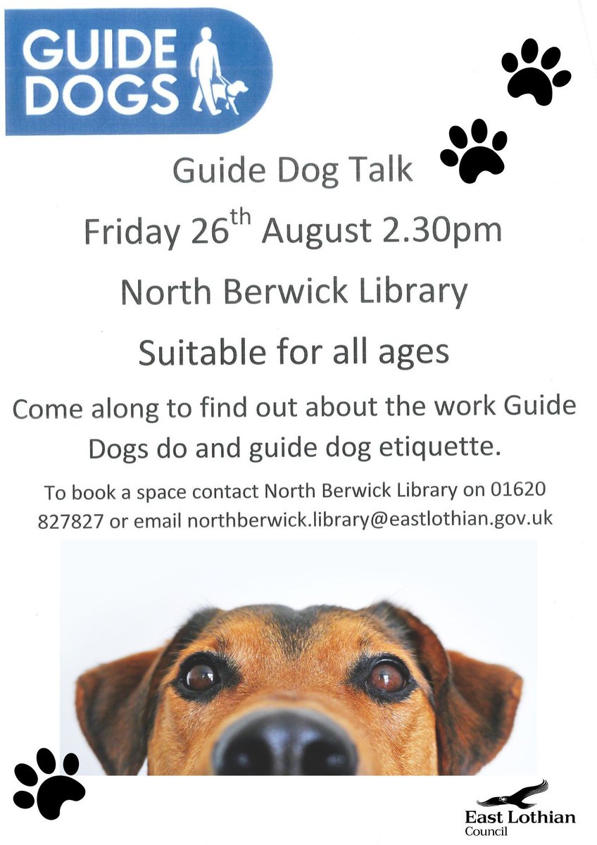 eastlothianlibs's tweet photo. Will we be seeing you TODAY at #NorthBerwickLibrary at 2:30pm, for our FURbulous @guidedogs visit and talk? Everyone is welcome, please contact the branch to book your place: 01620 827827 or northberwick.library@eastlothian.gov.uk
#guidedogs #nationaldogday #furryfriends https://t.co/nFGHjkkrl2