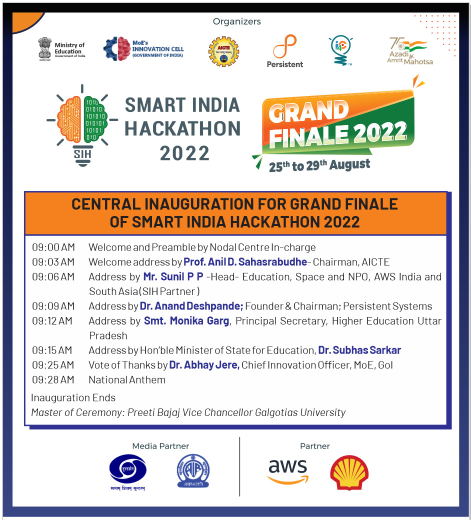 mhrd_innovation's tweet photo. Hon'ble Minister of State for Education  @Drsubhassarkar  will inaugurate the Smart India Hackathon 2022 Grand Finale at 9:00 AM.

Watch Live on DD National &amp; News and on link -https://t.co/WKdThIHEN3

#PM_ModiAtSIH 
#SIH2022 
#InnovationSeAtmanirbharBharat 

@narendramodi https://t.co/IadeSZghX4