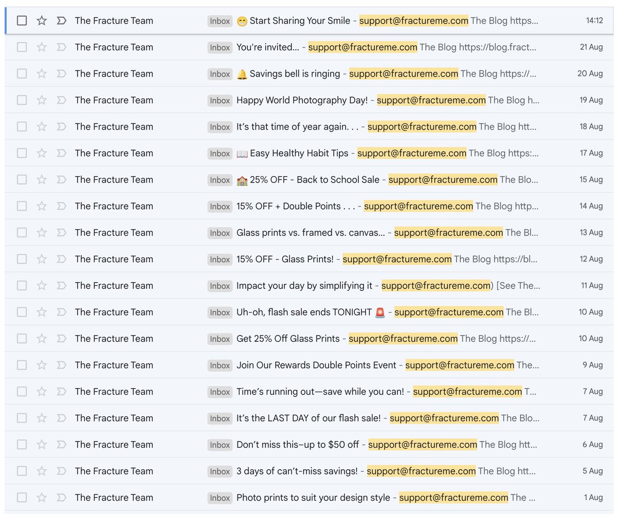 chrisfhiggins's tweet photo. No fewer than nineteen marketing emails from @FractureMe in August, and there’s still a week to go. 😬 #youokhun

(ping @InboxHeroes) https://t.co/N1fpXtq1x7