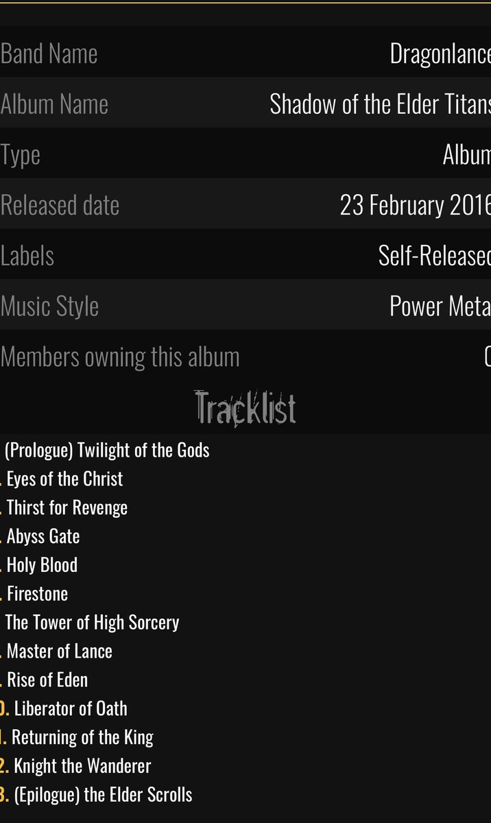 Yo!!!

THERE IS A JAPANESE POWER METAL BAND NAMED #DRAGONLANCE THAT SINGS ABOUT DRAGONLANCE AND I AM SCREAMING!

3 albums, The Holy Lance of Dragon Age, Shadow of the Elder Titans &amp; Chaos and Law!

Look at the song names on these track lists! Where has this been all my life? 1/2