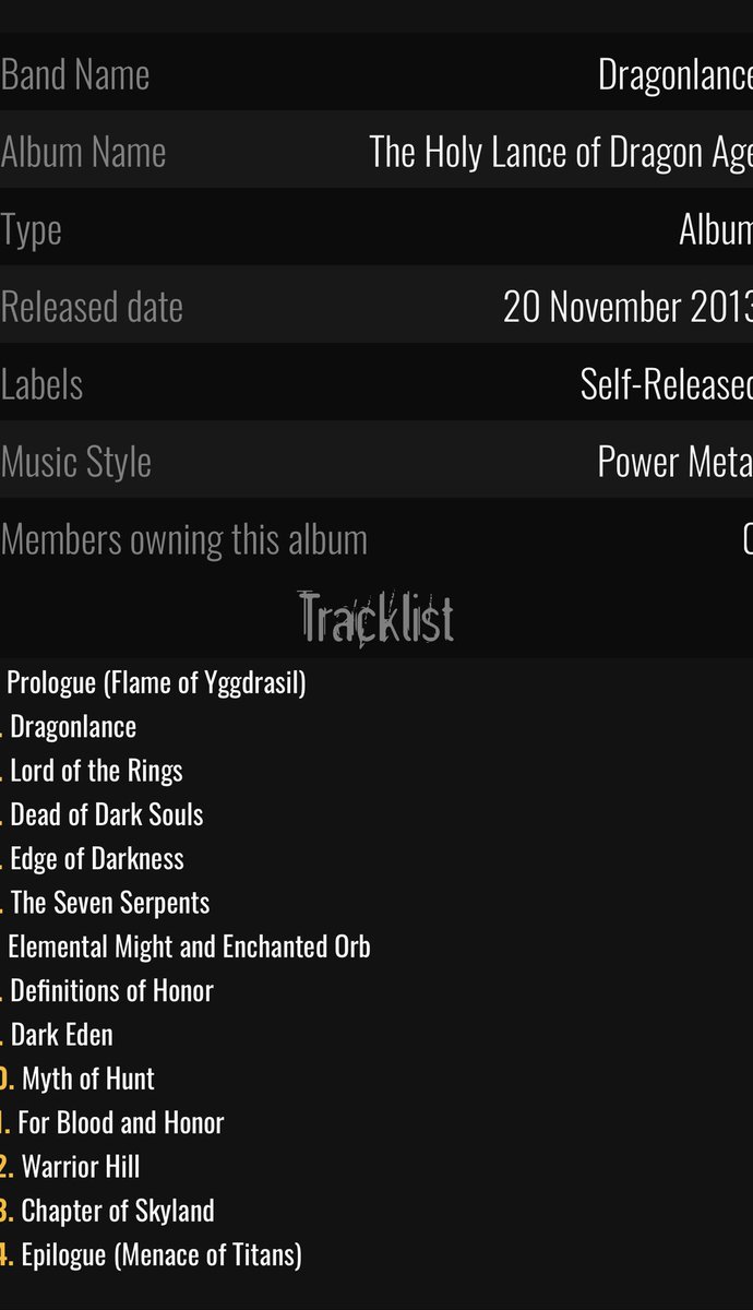 YoDanno's tweet photo. Yo!!!

THERE IS A JAPANESE POWER METAL BAND NAMED #DRAGONLANCE THAT SINGS ABOUT DRAGONLANCE AND I AM SCREAMING!

3 albums, The Holy Lance of Dragon Age, Shadow of the Elder Titans &amp; Chaos and Law!

Look at the song names on these track lists! Where has this been all my life? 1/2 https://t.co/vY6ZRyqJpf