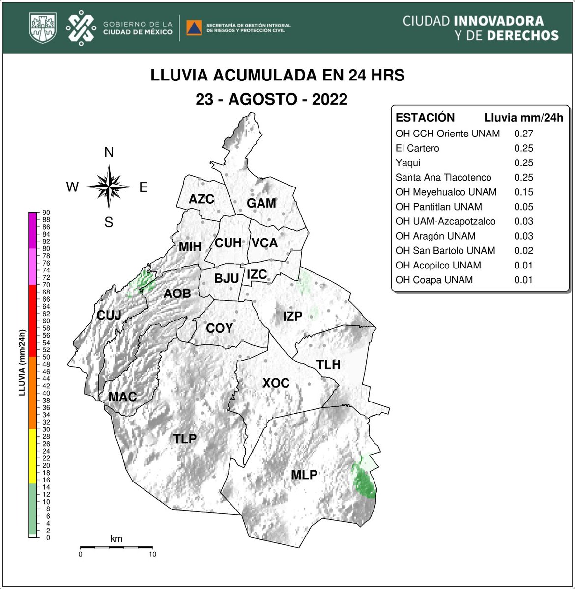SGIRPC_CDMX's tweet photo. Distribución espacial de las lluvias registradas en varios eventos desde las 6 horas del 23/08/2022 hasta las 6 horas del 24/08/2022 por las estaciones de la #SGIRPC, @SacmexCDMX, @conagua_clima y @UNAM_MX.

#TrabajandoJuntos #LaPrevenciónEsNuestraFuerza https://t.co/IApByCzSC1