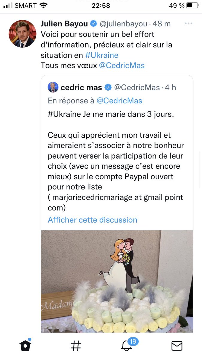 J’ignore ce qui est le plus indécent 🤔 :

1. Demander à des inconnus de financer son mariage ?

2. Le faire sous le hashtag #Ukraine au milieu d’un thread géopolitique ?

3. Qu’un responsable politique trouve ça super ?