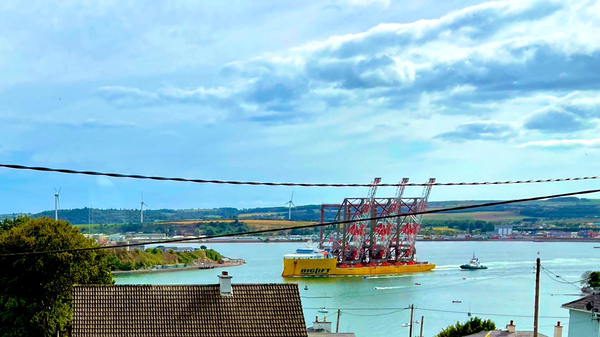 Well there’s something you don’t see out your window every day! BigLift making its way out of the <a href="/PortofCork/">Port of Cork</a> with three giant 160m <a href="/Liebherr/">Liebherr Group</a> cranes on board, transported by <a href="/DoyleShipping/">Doyle Shipping Group</a> 👏🏼