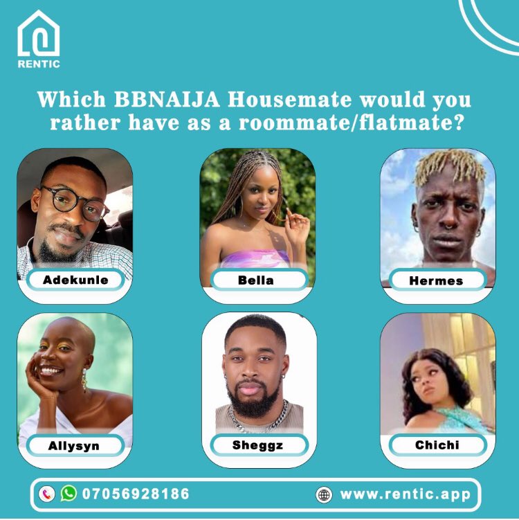 nairaautosdeals's tweet photo. Which BBNaija Housemate would you rather have as a roommate/flatmate? 🤷🏼♀️
Write your answer in the comment section.👇🏼
#rentic #sharedhome #bbnaija2022 #bbnaijaseason7
#BBNaija7 #facebookhacked Channels TV Isak Abacha Bayanni Wizkid Bayanni Abacha Victor Shettima Burna Adel Lagos https://t.co/Xj7nNZF14z