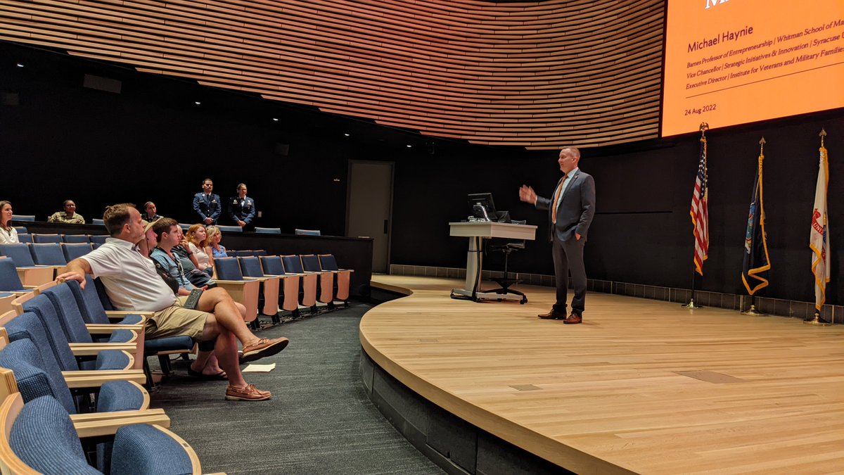SyracuseOVMA's tweet photo. What a great day welcoming the new students to campus! It feels alive again at @SyracuseU and that includes in the #NVRC where the @det535 class of 2026 freshmen learns more about why SU is #TheBestPlaceForVeterans as they hear from @DrMikeHaynie and Lt. Col. Ryan Lippert. https://t.co/ebEVDdHaHx