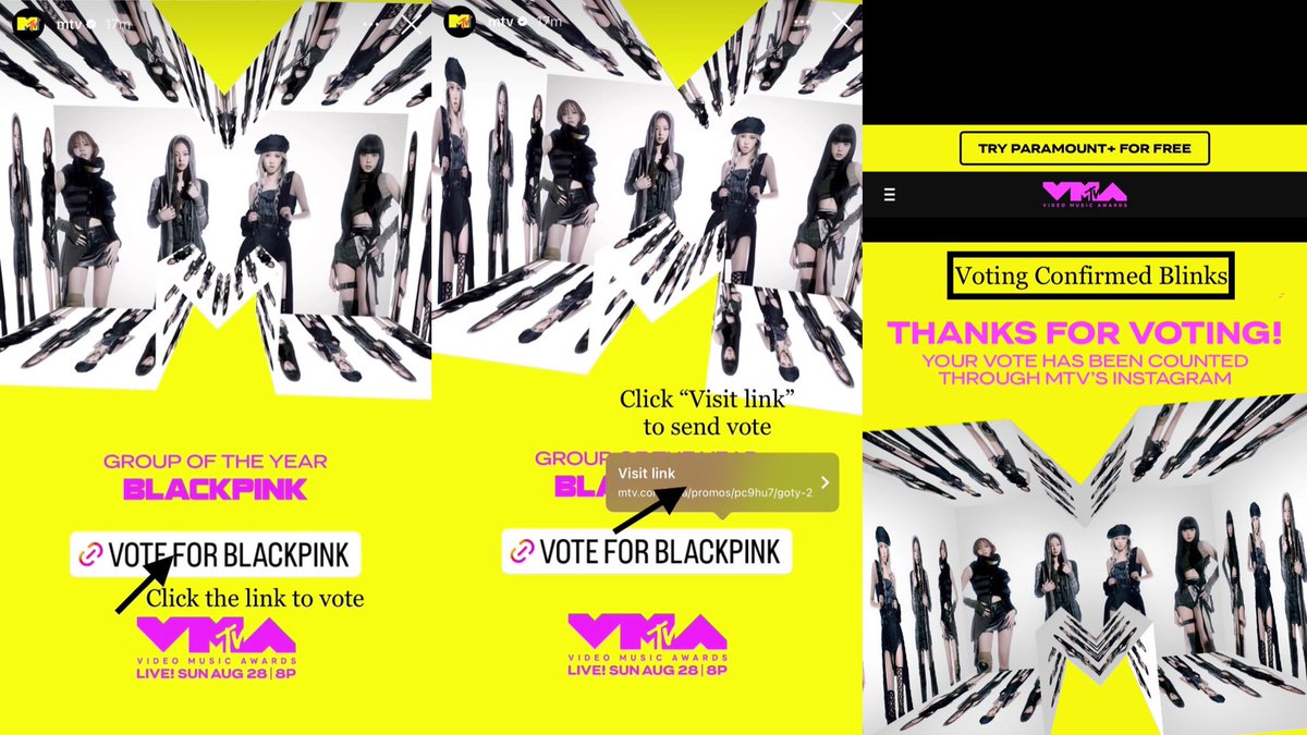 BBU_BLACKPINK's tweet photo. VMAs “Group Of The Year” Final Round

1. Open @MTV’s IG story: https://t.co/nWiB1DGnJD
2. Click “Vote for #BLACKPINK
3. Click “Visit link”
4. “Thanks for Voting!”
5. Repeat steps 1-4. Use all your Instagram accounts first then vote keep voting repeatedly.

#PINKVENOM @BLACKPINK https://t.co/vFUGoczCuz