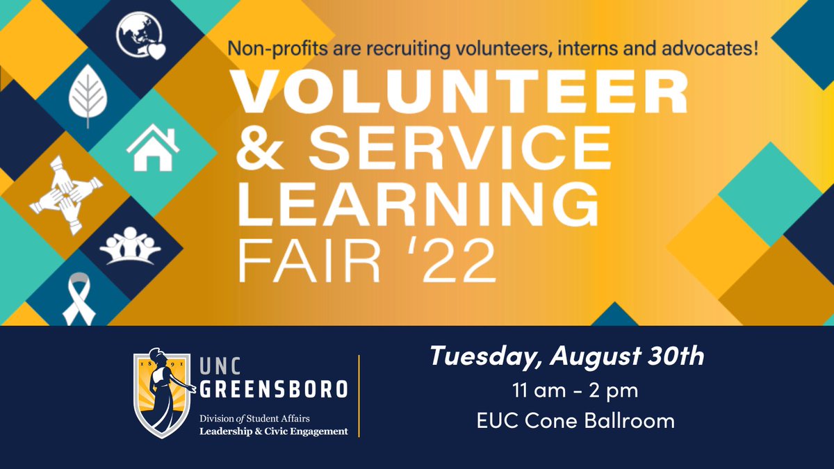UNCG_OLCE's tweet photo. The annual Volunteer and Service-Learning Fair is this Tuesday, August 30th from 11am-2pm in the EUC Cone Ballroom. Don’t miss connecting with these amazing organizations! #uncgservice #uncgway https://t.co/cksXmhumMe