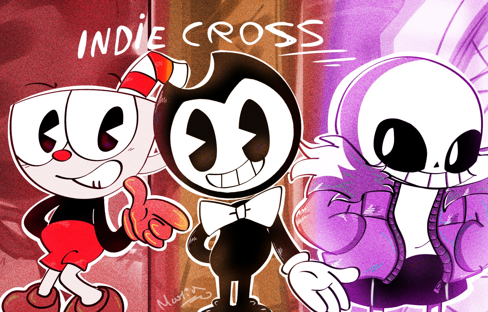 JOKEIIS on X: Yeaaah indie cross i love u ❤️💙🖤 #myart #CupHead #sans  #bendy #indiecross #fnf  / X