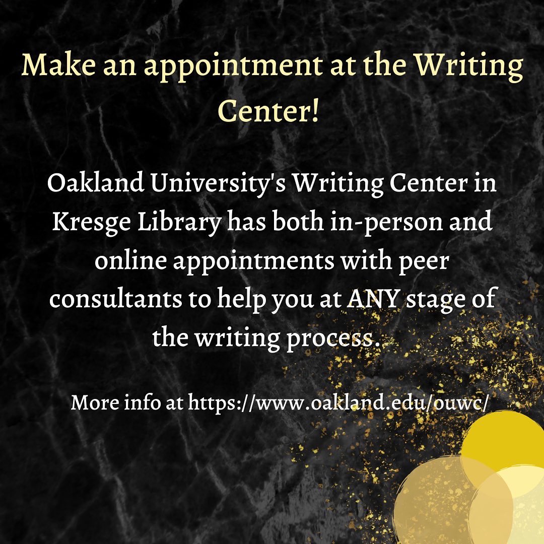 OUWRT's tweet photo. If you’re nervous for first year writing courses (or know someone who is), never fear—there are resources specifically for YOU!!
#oaklanduniversity #thisisou #writing #studentwriting #students #studentwriters #rhetoric #composition #firstyearwriting #freshmancomposition https://t.co/satOEBdt56