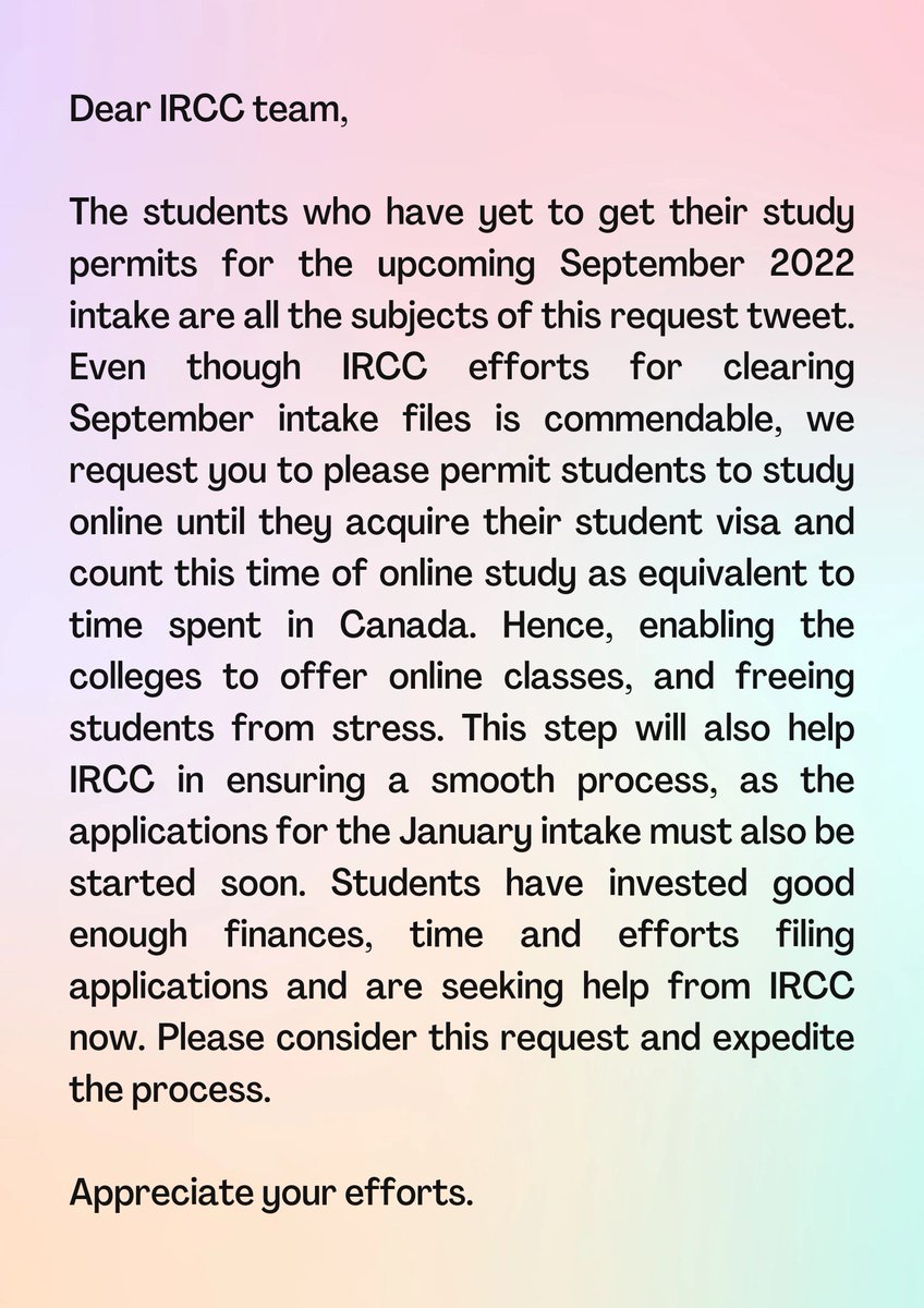 _sha_gowtham's tweet photo. It is an humble request to IRCC to allow students to study online untill they receive their visa for September 2022 intake, and consider this period of online studies as equivalent to time spent in Canada. 
#IRCC
#studentvisacanada
@CanadainIndia 
@CitImmCanada
@SeanFraserMP https://t.co/8GK5Pe0cOy