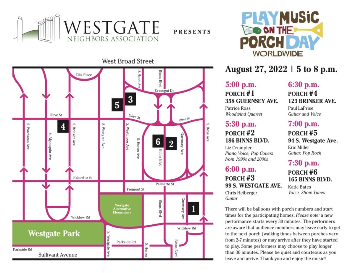 August 27th from 5pm to 8pm (throughout the Westgate neighborhood!)
We invite all of Westgate to join us for Play Music on the Porch Day!
Please join us at 5pm at our first stop, 358 Guernsey Ave!
Bring a blanket, family, and friends &amp; enjoy the (Family-friendly entertainment)