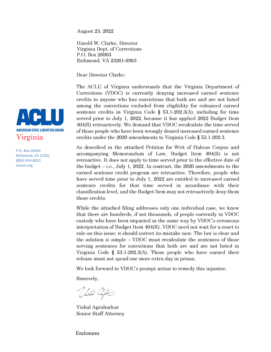 NEW: We sent a letter to VDOC to demand that the agency recalculate the time served of people who have been wrongly denied their earned sentence credits. VDOC need not wait for a court to rule on this issue; it should correct its mistake now. 📜➡️acluva.org/sites/default/…