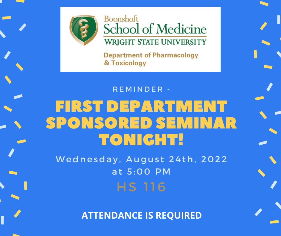 REMINDER:  First department sponsored seminar is tonight at 5:00 PM in HS 116. Students need to arrive at 4:30 PM to sign in and be seated. 

NO LATE ARRIVALS.