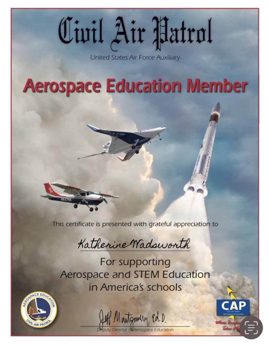 Wadsworth_KES's tweet photo. Excited to be an Aerospace Education Member for the Civil Air Patrol! https://t.co/zPF3rxWrwV