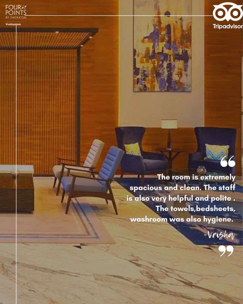 FPBSVizag's tweet photo. You know what makes our day? It’s how our customers feel satisfied. 

In short, Happy Customers = Happy Us ✨

.
.
.
.
#FourPointsSheraton #MarriottBonvoy #HappyCustomers #Visakhapatnam #LuxuriousHotel https://t.co/R0mqEIQsLC