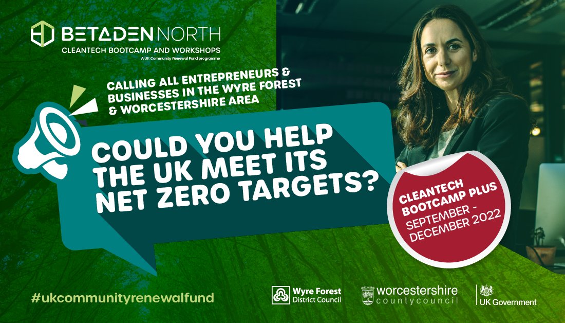 Calling all entrepreneurs &amp; businesses in the Wyre Forest &amp; Worcestershire area 📢 Do you have a new product or service that could help the UK meet its Net Zero targets? If so, our Cleantech Bootcamp Plus is for you! Apply now: bit.ly/3K34UI5 ⬅️ 
#WorcestershireHour