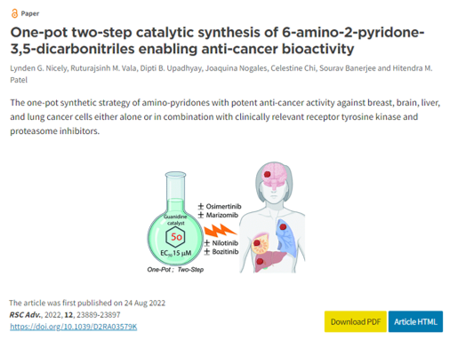 sybanerjee's tweet photo. A short and sweet publication establishing a novel pyridone derivative with anti-cancer properties. Part of our ongoing collaboration with @HitendraProf and first-authored by cool MRes student @LyndenNicely @UoDMedicine @RSCAdvances  https://t.co/GMllfE1Wu3 https://t.co/v6xhjTdwmp