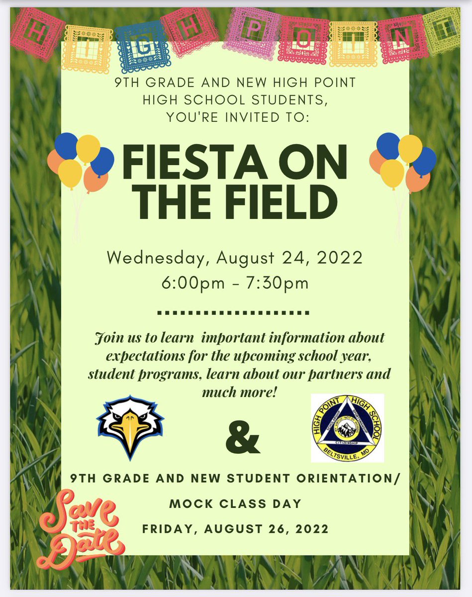 teach2dfuture's tweet photo. Attention all incoming 9th Grade @hphs_9th and New @HighPointHigh students, you are invited to our FIESTA ON THE FIELD this coming August 24, 2022 from 6-7:30 PM. Please see the flyers below for more infoππ»πͺ
ππ
#HPUNited #HPUnida @pgcps @IsleyMcClure @HSAssocSupt π¦
https://t.co/RxqAWb3dXP