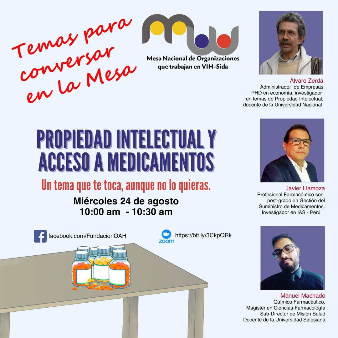 DavidMAlba's tweet image. La #PropiedadIntelectual afecta el acceso a los #medicamentos y por tanto, toca tu #salud. Infórmate cómo y por qué.
CONÉCTATE
facebook.com/FundacionOAH
Zoom: bit.ly/3CkpORk