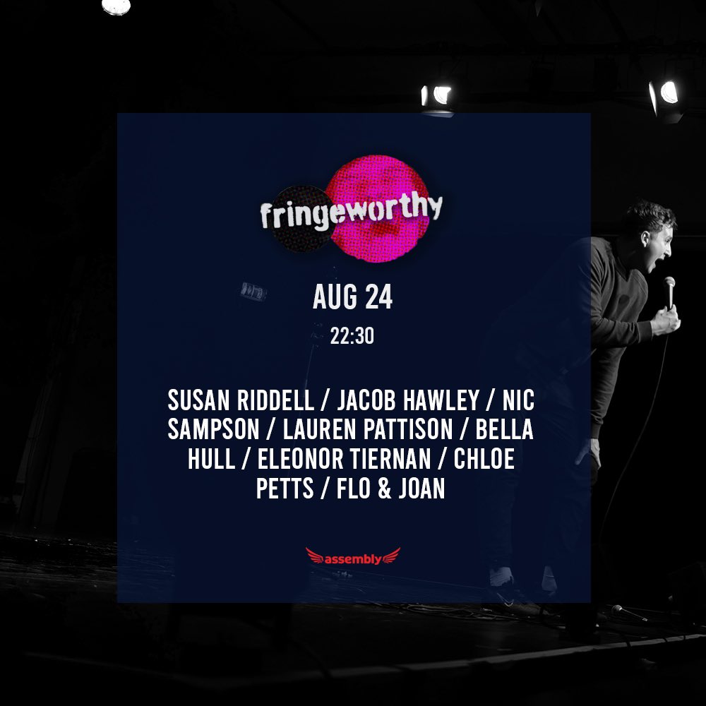 AvalonComedy's tweet photo. 📣 Lineup announcement for tonight’s mixed bill at @AssemblyFest (Studio One) 

👇👇👇
@Susan_Riddell_ 
@hawleyjacob 
@NicSampson 
@laurenpattison 
@bellabellahull 
@eleanortiernan 
@ChloePetts 
@FloandJoan 
👆👆👆 https://t.co/zJQjwL48a4