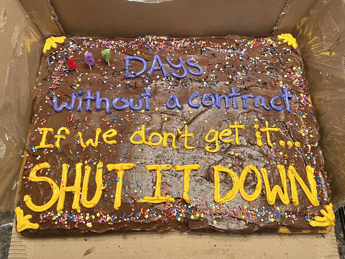 EmilyLelandais's tweet photo. It’s a b-day on the picket line y’all! And as promised there will be CAKE! 

Come join @austaffunion at 9AM in front of Katzen as we continue the fight for a #faircontractNOW. 

And if we don’t get it? SHUT IT DOWN! 

#AStrikeReadyU #bdaypicket #labor #seiu #bigpurp #AU2026 https://t.co/dwro39J44m
