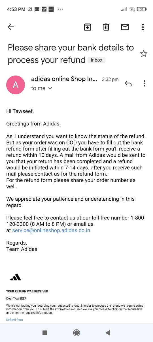 nbfahim's tweet photo. @AdidasIndia kindly refund the amoun.Sometimes you are saying through mail that refund will be sent to your account. Sometimes you are saying to fill refund form.somtimes share bank details....Which have been already shared through mail #consumerprotection #addidas 
@adidas https://t.co/Wgm4mVzcMv
