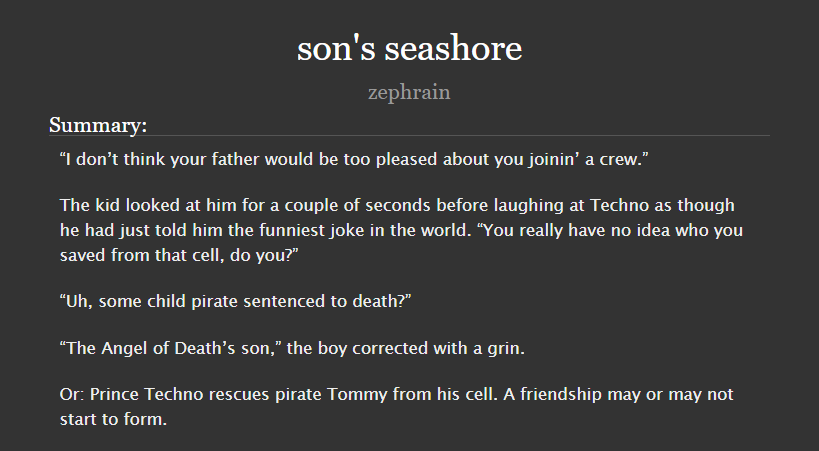 zephrains's tweet photo. son's seashore
> techno pov/bedrock bros centric w pirate tommy and prince techno
> 1/1, wc: 3.9k

late #DSMPPIRATEDAY fic :) #dsmp (also coincidentally finished on national bedrock bros day happy birthday kat)

[link: https://t.co/4ZzW6hzbrX] https://t.co/RbAc370YKr
