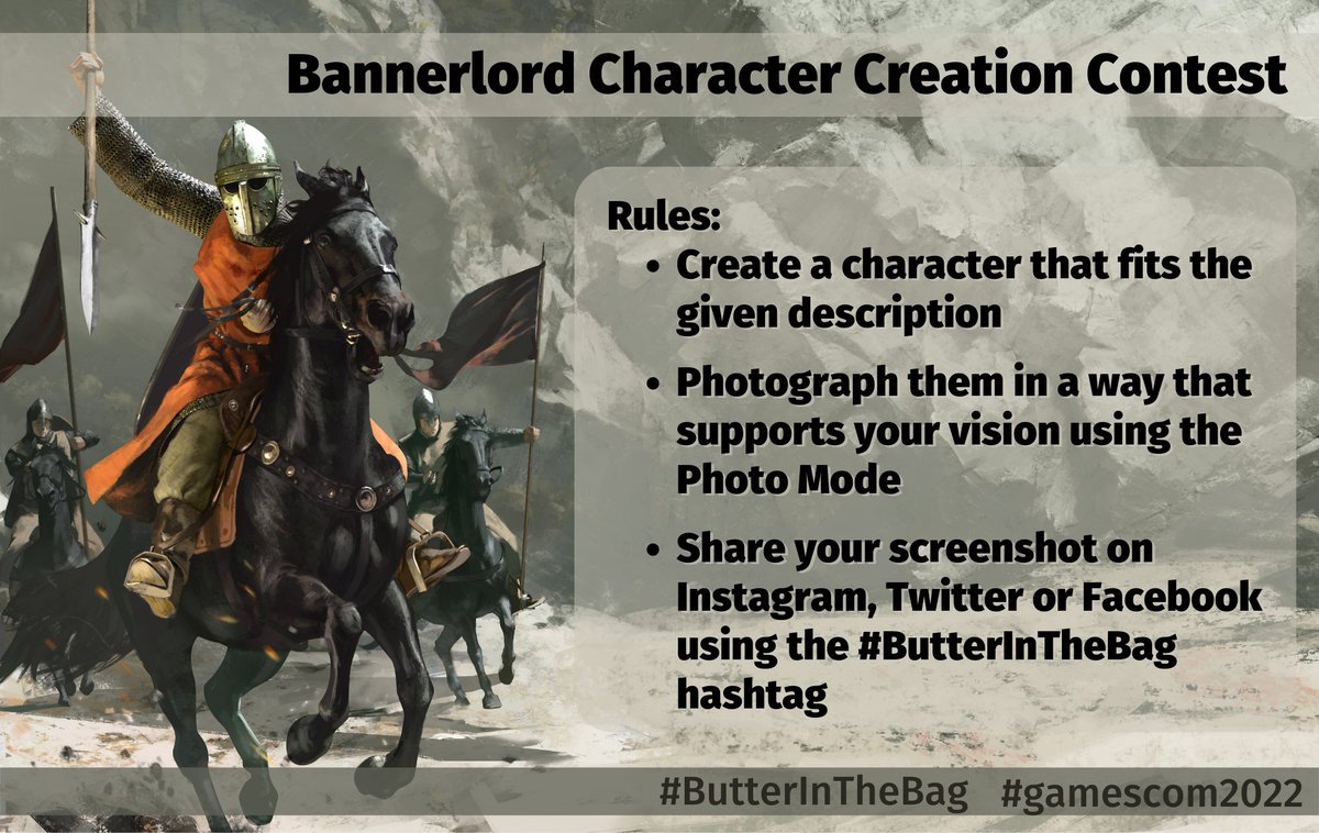 Mount_and_Blade's tweet photo. Tomorrow at 10am GMT+2 our #gamescom22 challenge begins! Create characters inspired by a daily theme. You're free to photograph them wherever &amp; however you like. Just share them with the hashtag #Butterinthebag. Every day we'll award the winner 1 of our exclusive Bannerlord bags! https://t.co/TlZW8ayXdf