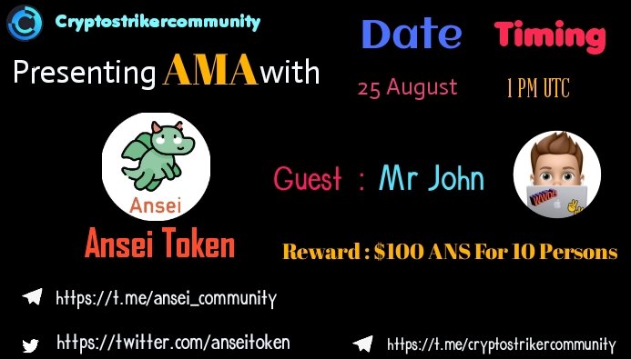 cryptostrikerss's tweet photo. 🔈AMA ANNOUNCEMENT 🔈

🎖CRYPTO STRIKERS Is Glad To Announce our AMA With @AnseiToken On 25 August 1 PM UTC

Crypto Strikers x Ansei Token

🗓 DATE     : 25th August 2022
⏰ TIME     :  1 PM UTC 
🏠 VENUE  : https://t.co/2i9Ea7LXEu https://t.co/NqrUOSLd8Y