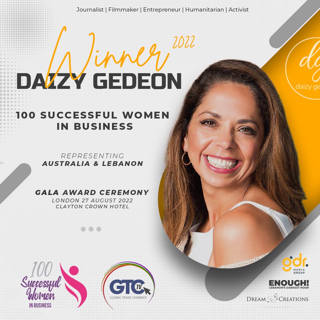 DaizyGedeon's tweet photo. Truly humbled to be one of @GlobalTChamber’s 100 Successful Women in Business for 2022, and to represent both Australia and Lebanon at the Awards Ceremony this Saturday. #100swb
❤️🇱🇧🇦🇺🤍 https://t.co/feMpNmKlD8
