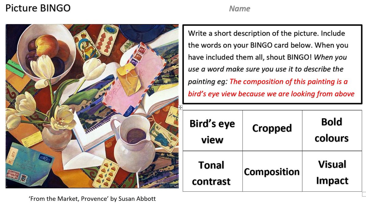 S2's have been welcomed back to Art with a short review of previous learning before the summer. Picture Bingo is an excellent way to teach/ review subject specific tier 2 and 3 vocabulary and can develop both written and oracy skills
