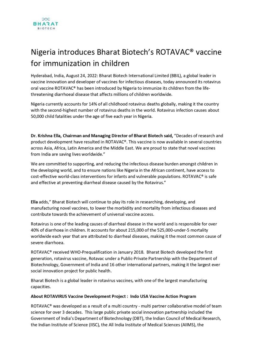 BharatBiotech's tweet photo. Nigeria introduces Bharat Biotech’s ROTAVAC® vaccine for immunization in children
#BharatBiotech #Rotavac #immunization #diarrhea #rotavirus #VaccinesWork #vaccine https://t.co/HD4fNwA8he