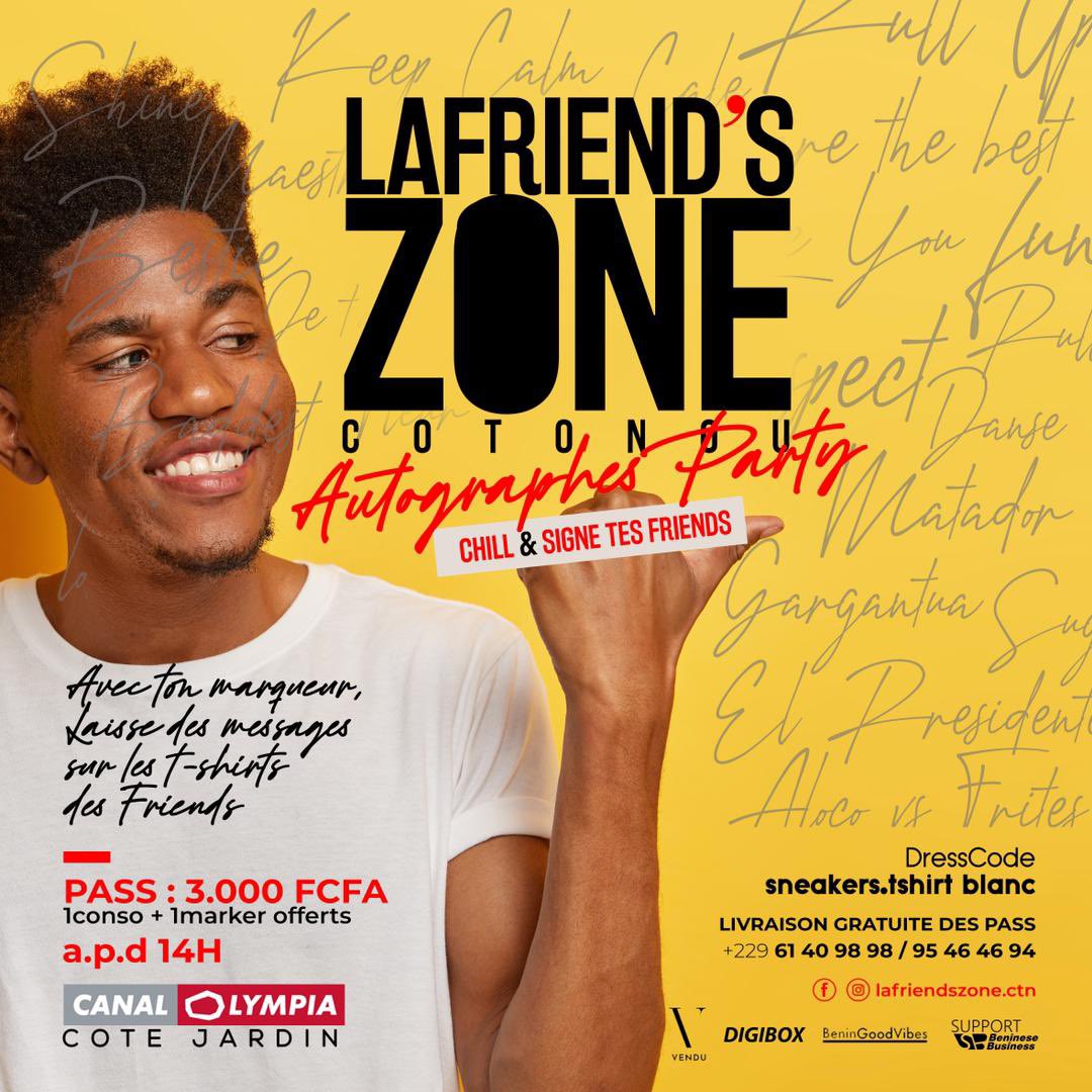 BusinessBenin's tweet photo. 🫶🏼 Coucou brooo, coucou sisss,  Integre LaFriend’s Zone 🔥🤩

Let’s Go les pass sont dispoooo. 
Prépare ton t-shirt et tes sneakers, on sen va chiller et signer ton tshirt avec des autographes charmants. 

Commande ton PASS au : 61409898 / 95464694

#LaFriendsZoneCtn #Cotonou https://t.co/qqMkvKwXcf